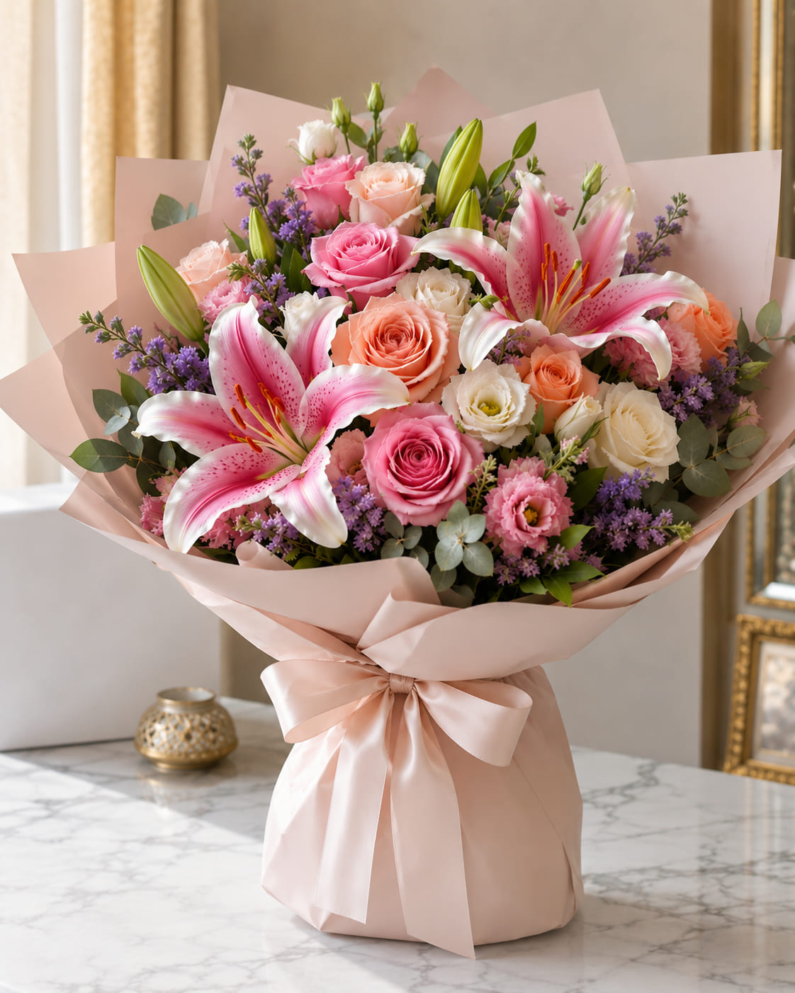 Pink lilies, roses and white blooms in blush wrapping, bouquet delivery Fes