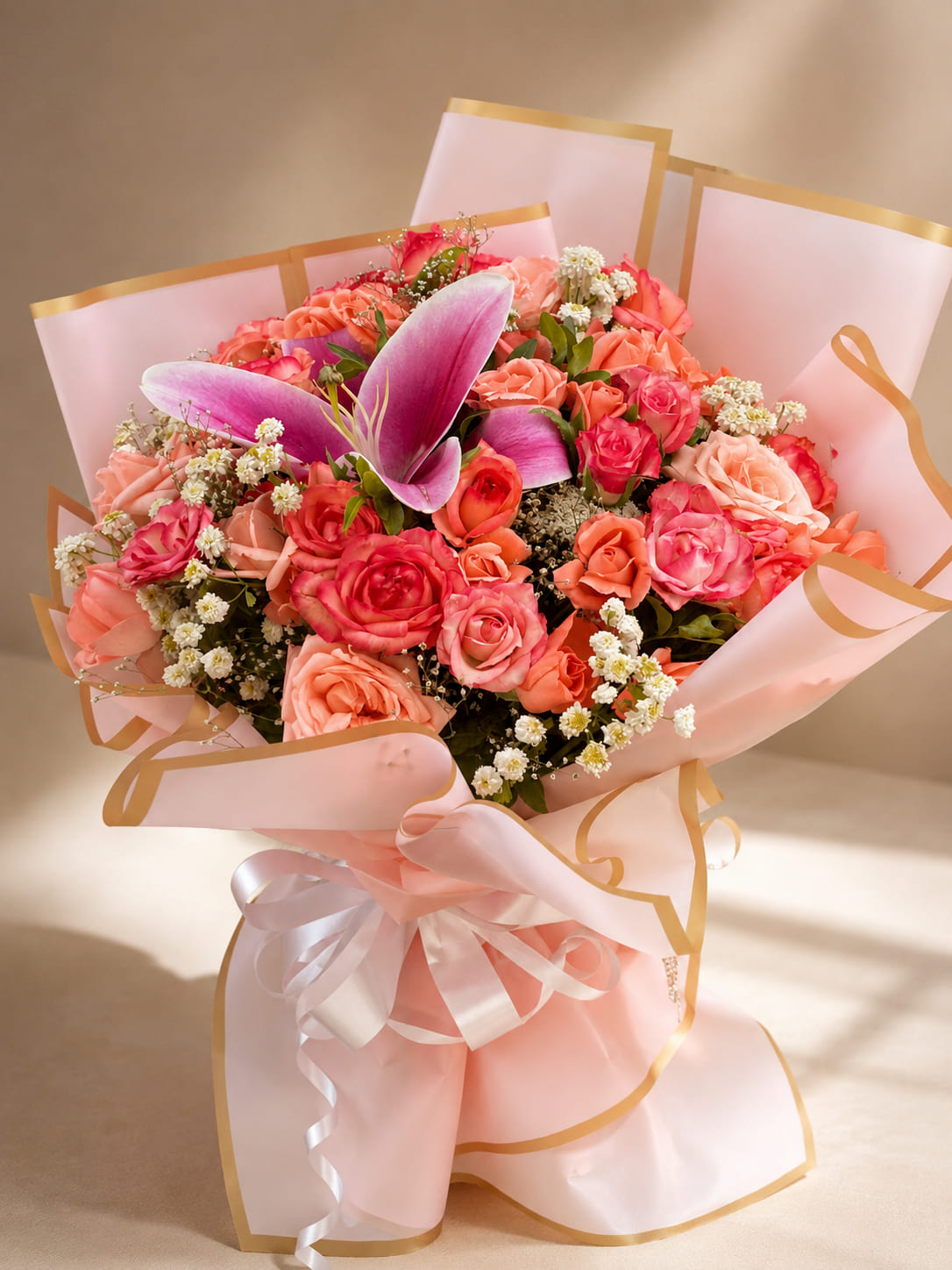 Floréa bouquet with coral and pink roses, pink lilies and baby's breath in blush-and-gold wrapping, available for delivery in Fes