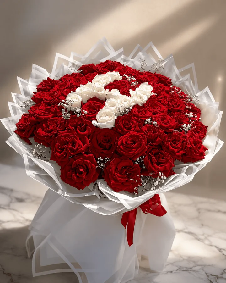 Love Letter bouquet of red roses with a white rose heart in white wrapping, available for delivery in Fes