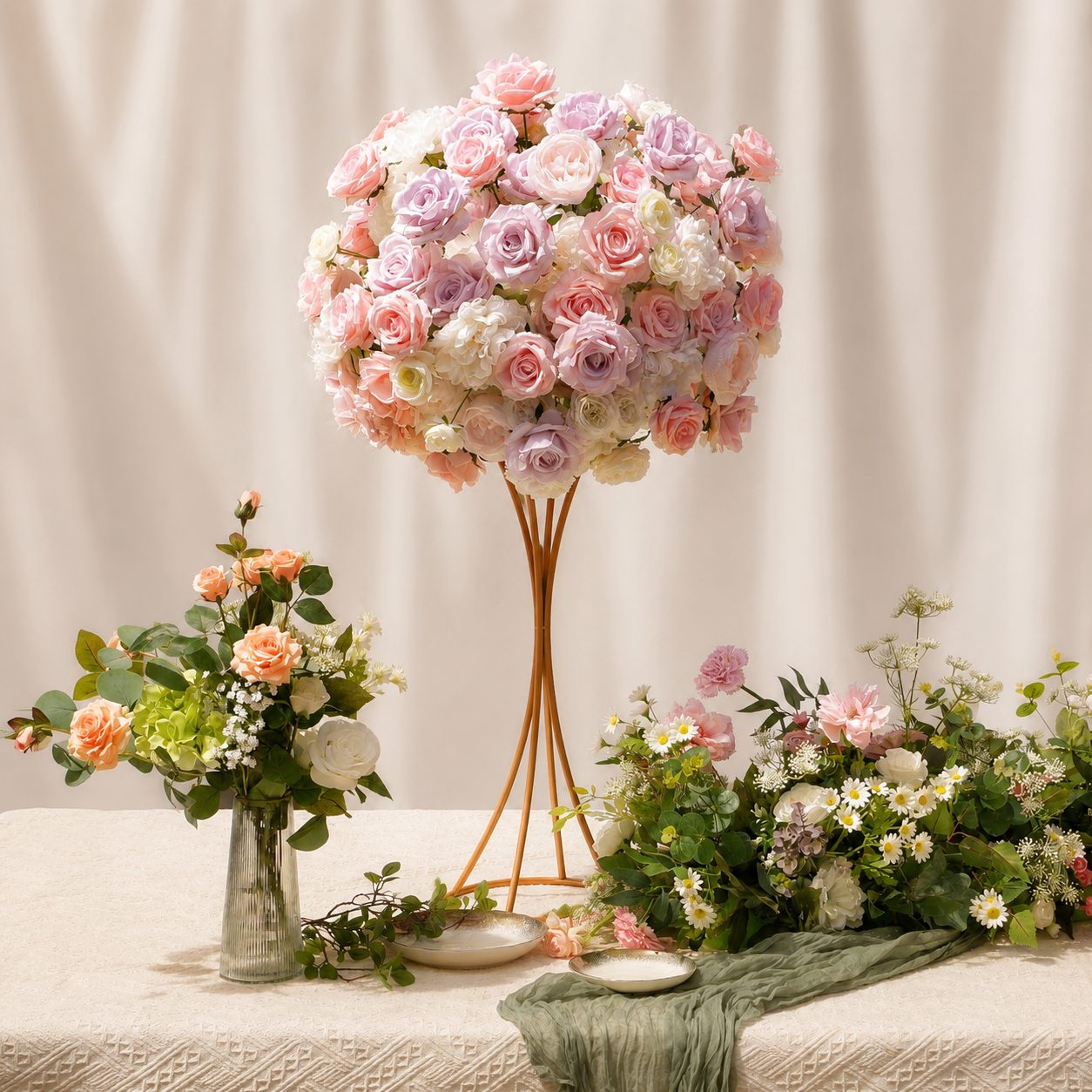 Pink, peach and white floral display on a tall stand for a Meknes celebration