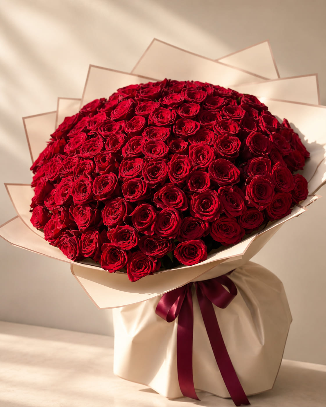 Large bouquet of deep red roses in cream wrapping with a wine-red ribbon, flower delivery Meknes