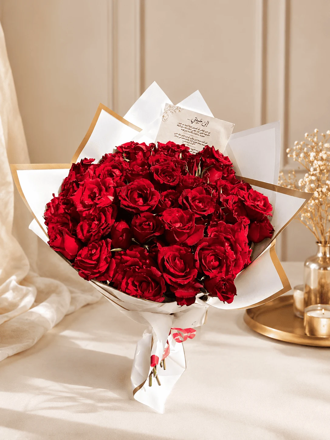 Luxury red rose bouquet in white and gold wrap, Amour bouquet delivery in Fes