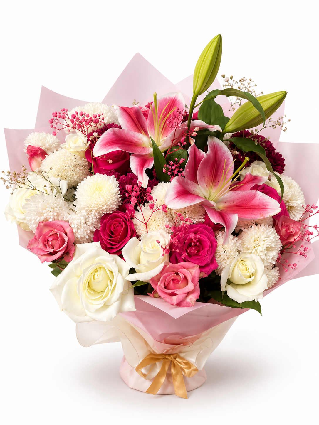 Pink lilies with pink, fuchsia and white roses in soft pink wrap, Douce Dévotion bouquet delivery in Fes