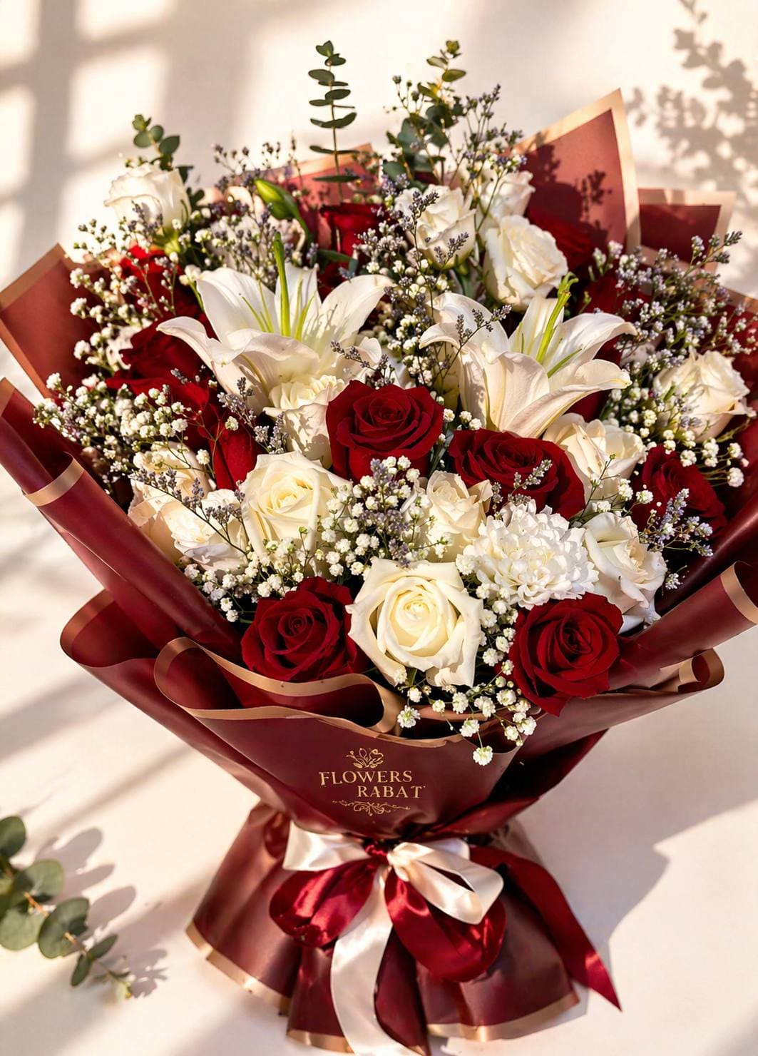 Red and white roses with white lilies in burgundy wrap, Rouge Nuit bouquet delivery in Fes